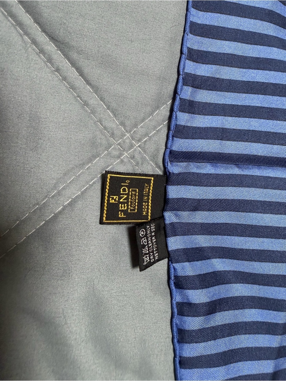 Fendi Blue Striped Silk Scarf with Tan Logo Tag - Picture 3 of 7